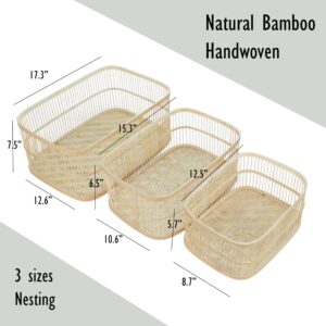 PEMAR Set of 3 Nesting Bamboo Storage Baskets, Decorative Organization Basket, Farmhouse Basket Bins, Rustic Boho Wicker Basket Organiser for Living Room, Bedroom, Pantry Decor