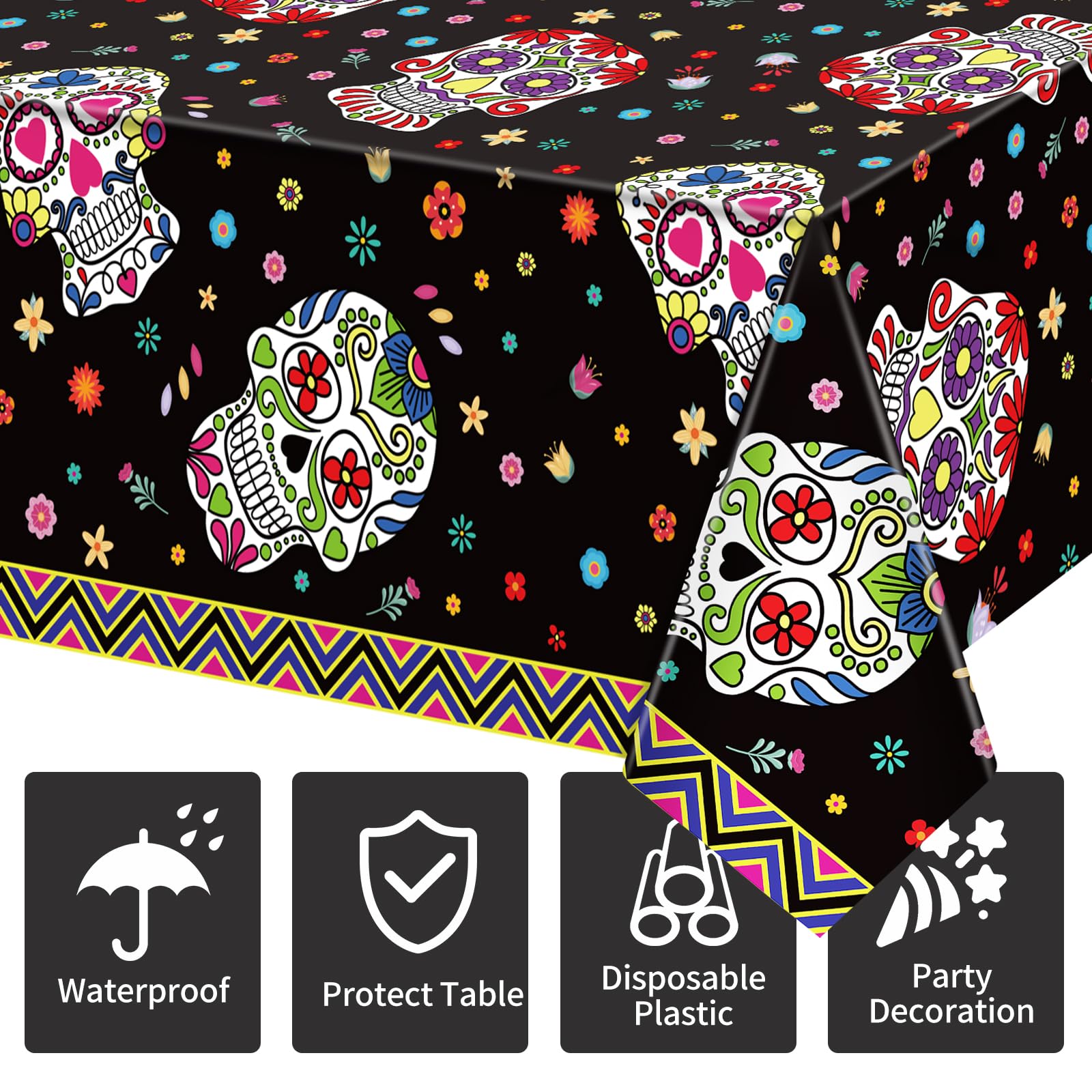 Lemicin 3 Pack Day of The Dead Tablecloths, Sugar Skulls Floral Table Large Size Disposable Plastic Rectangular Tablecloths for Home Decor Mexican Fiesta Table Party Decorations, 54x108 Inch