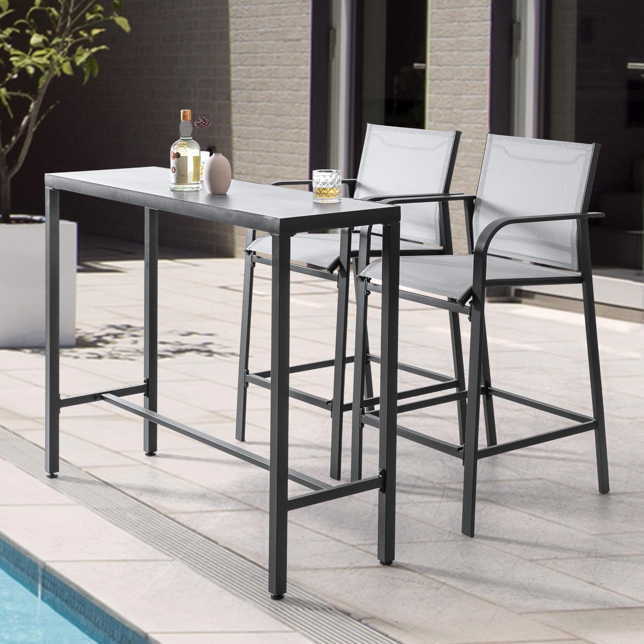 NUU GARDEN 3 Piece Outdoor Bar Set, 2 Textilene High Bar Stools and 1 Patio Bar Table, All-Weather Powder-Coated Frame, Ergonomic Back with Curved Armrests, for Patio, Deck, Garden, Black and Gray