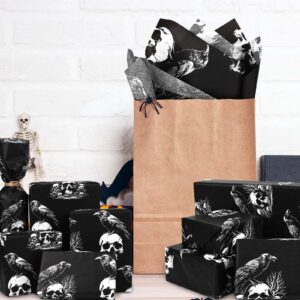 100 Sheets Halloween Tissue Paper for Gift Bags Black White Skull Raven Printed Tissue Paper Spooky Decorative Tissue for Gift Wrapping for Halloween Party DIY Craft, 13.7 x 19.6 Inch