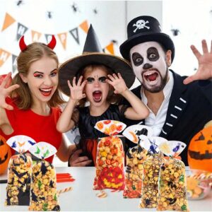 Lodeihoo Halloween Candy Bags Treats Bags, 100 PCS Halloween Plastic Clear Candy Bags 6 Styles with 100 PCS Twists for Snacks Candy Cookies Packing Halloween Party Favors