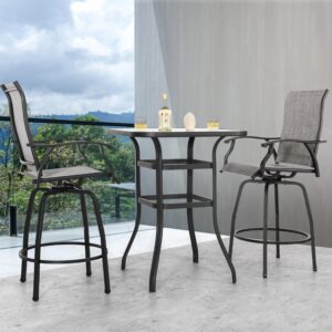 NUU GARDEN 3 Piece Outdoor Patio Bar Set, Patio Bar Furniture Set, Outdoor Tempered Glass Square Bar Table and Textilene Swivel High Backrest Bar Stools for Patio, Garden, Backyard, Gray and Black