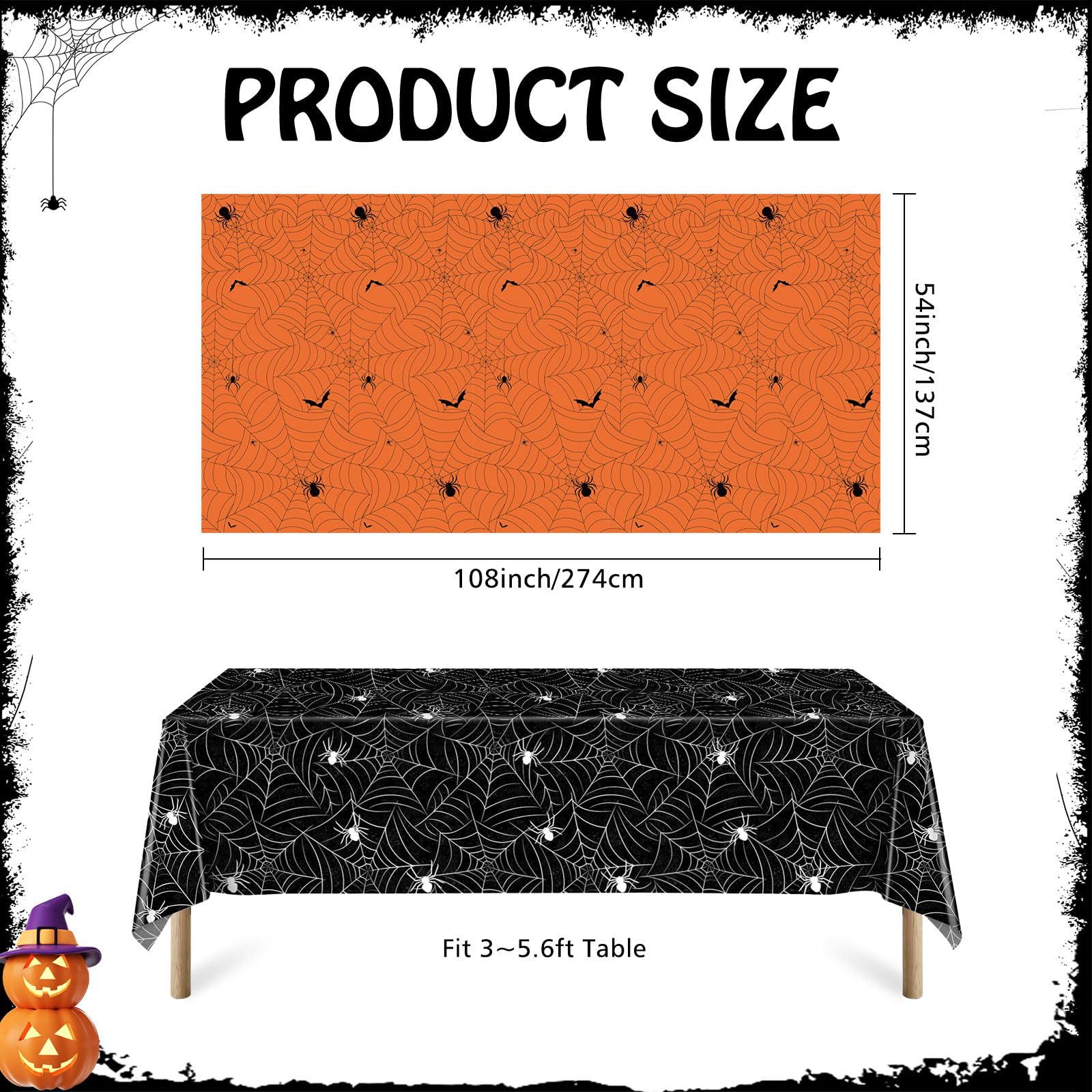 Halloween Tablecloth Plastic Disposable - Table Cloth Cover Party Decorations for Rectangle Tables Black Spider Web Purple Orange 54x108 Inch(3 Pack)