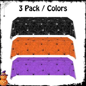 Halloween Tablecloth Plastic Disposable - Table Cloth Cover Party Decorations for Rectangle Tables Black Spider Web Purple Orange 54x108 Inch(3 Pack)