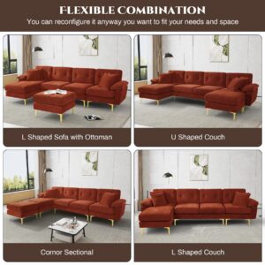 Nolohoo U Shaped Sectional Sofa Couch,114" Comfy L Shape Sofa with Chaise Lounge Ottoman, Modern Upholstered Chenille 4 Seat Modular Couch Set for Living Room Office, Orange