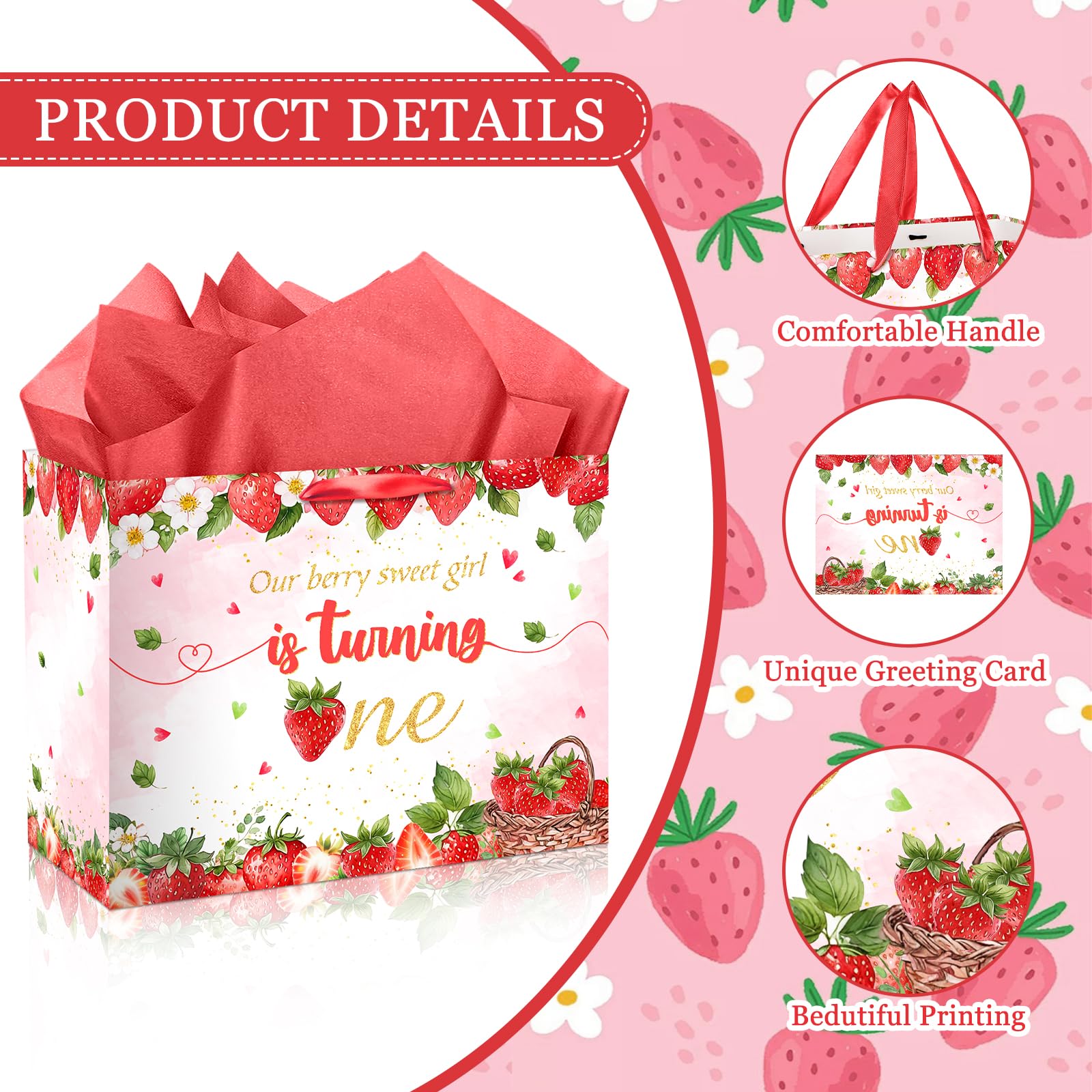 Strawberry 1st Birthday Gift Bag Berry Birthday Decorations Large Sweet One Birthday Wrapping Bag with Tissue Paper and Greeting Card for Baby Girl Christmas Xmas First Birthday Party Supplies