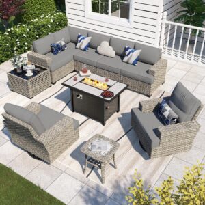 10 pieces patio furniture set with fire pit table - all weather wicker outdoor patio sectional furniture sofa set with swivel rocking chairs,luxury modern modular patio conversation set,dark grey