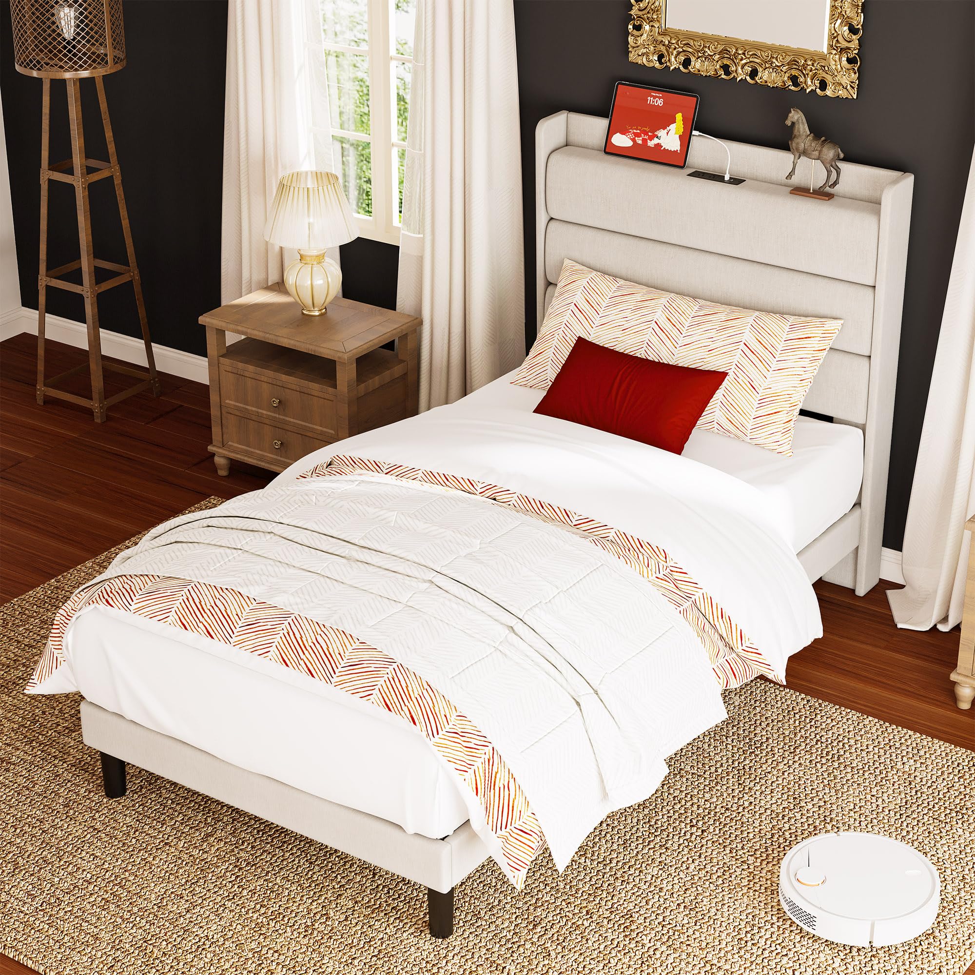 LIKIMIO Twin XL Bed Frames, Storage Headboard with Outlets, Sturdy and Stable, No Noise, No Box Springs Needed, Beige