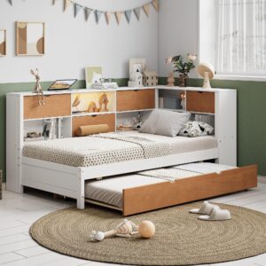 softsea full size daybed with trundle and bookcase, wood l-shaped platform bed with lights & usb ports, twin corner bed with trundle and storage headboard for kids adults, no box spring needed, white