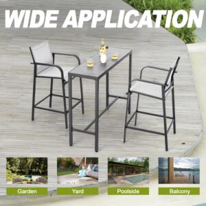 NUU GARDEN 3 Piece Outdoor Bar Set, 2 Textilene High Bar Stools and 1 Patio Bar Table, All-Weather Powder-Coated Frame, Ergonomic Back with Curved Armrests, for Patio, Deck, Garden, Black and Gray