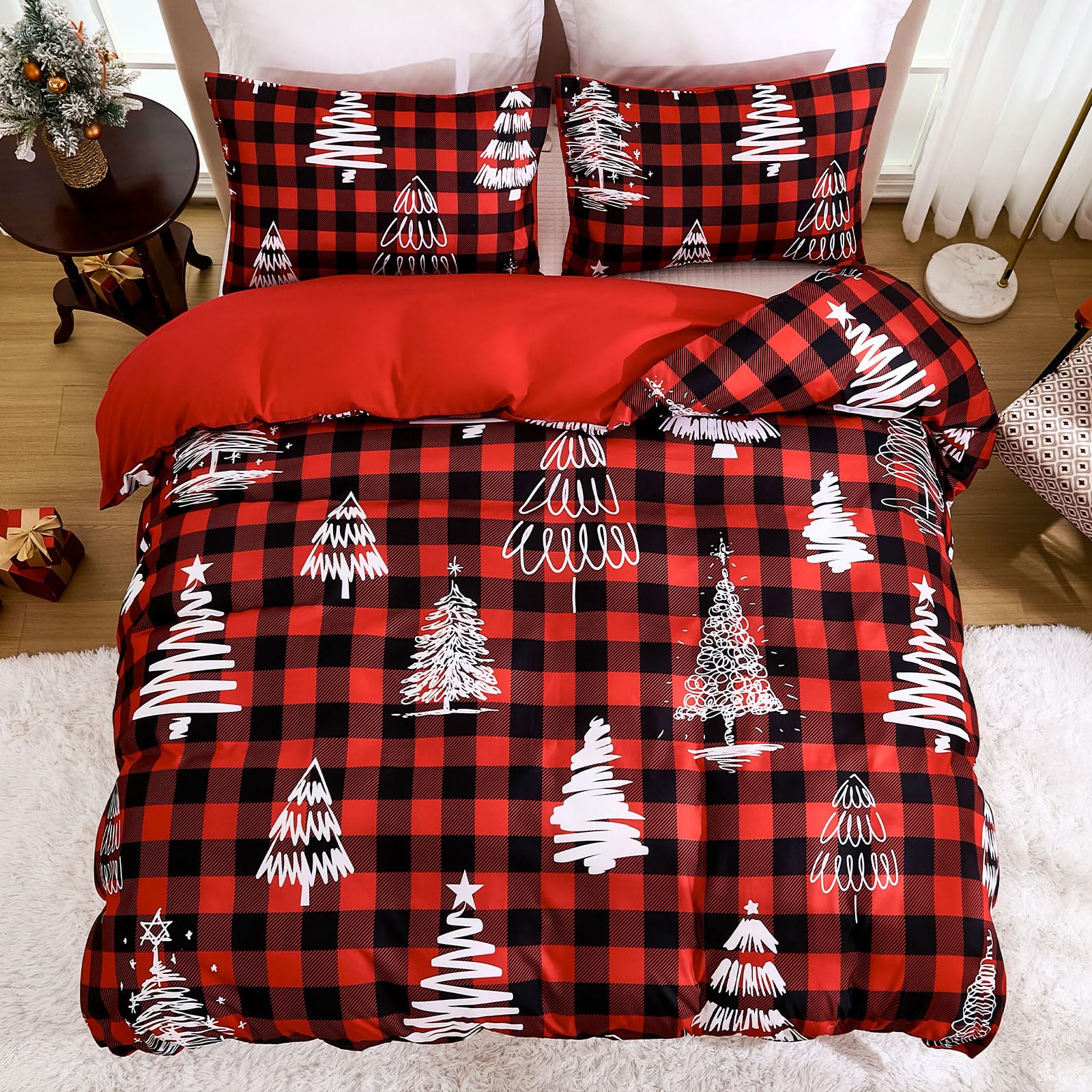 Dobuyly Christmas Duvet Cover Queen Size, Red Plaid Christmas Tree Printed Duvet Cover Set, Soft Microfiber Buffalo Check Christmas Bedding Set 3 Piece