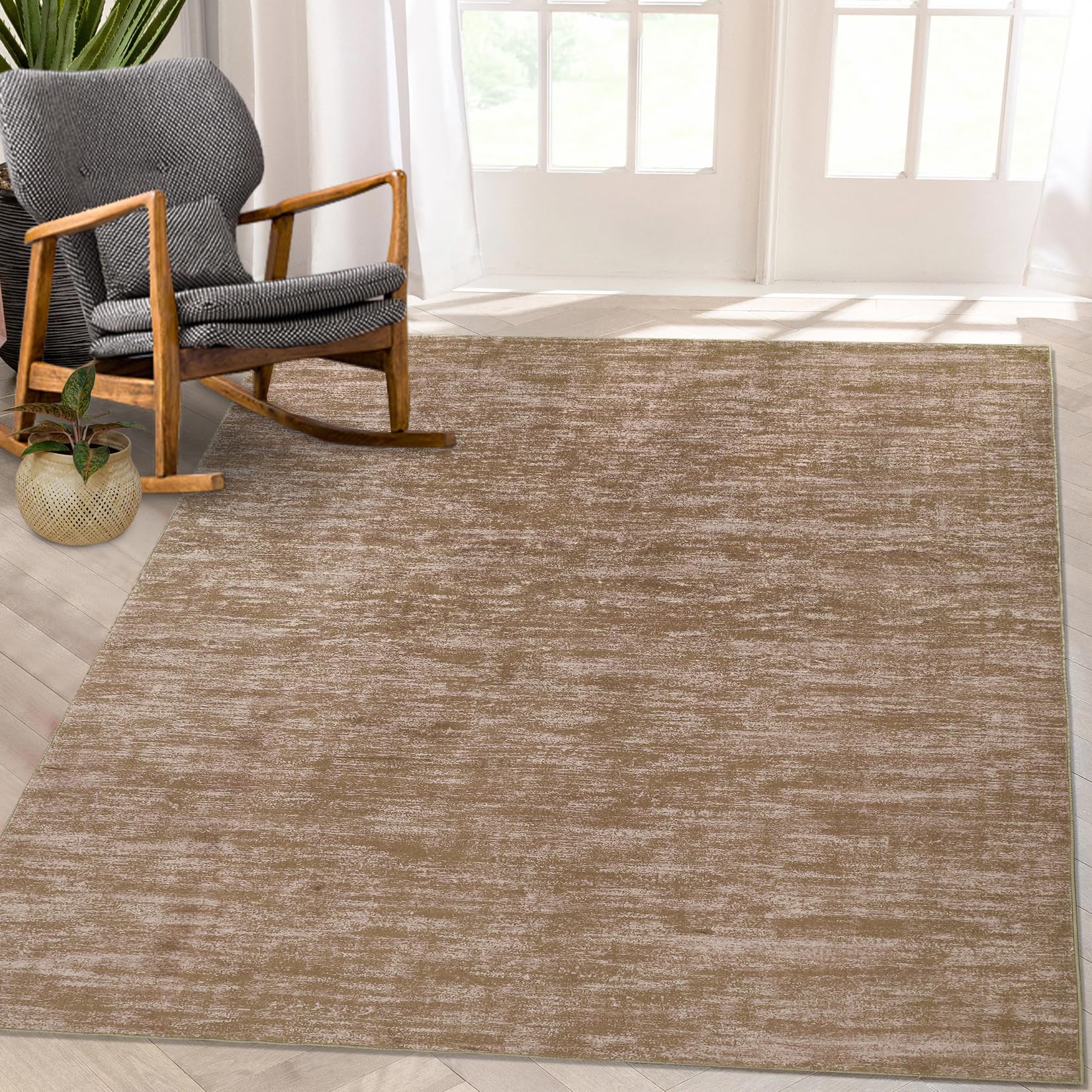 LUXLOOM Large Solid Rug 8x10 Washable Rug Ultra-Thin Low Pile Floor Mat Modern Rug Contemporary Non-Shedding Carpet Non-Slip Accent Rug for Living Room Bedroom Dining Room Nursery Home Office Camel