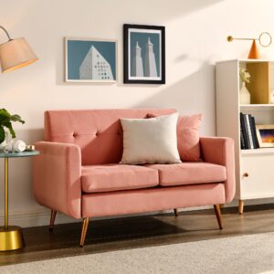 48" w loveseat sofa, mid century modern decor love seat couches for living room, button tufted upholstered small couch for bedroom, solid and easy to install love seats furniture (pink)