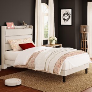 likimio twin xl bed frames, storage headboard with outlets, sturdy and stable, no noise, no box springs needed, beige