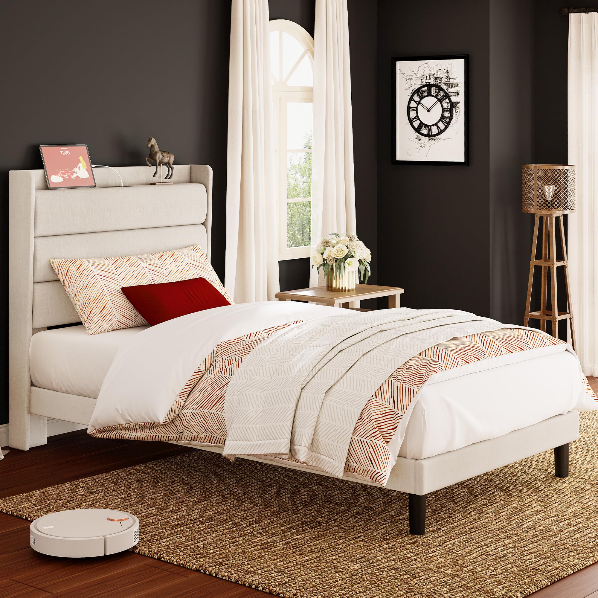 LIKIMIO Twin XL Bed Frames, Storage Headboard with Outlets, Sturdy and Stable, No Noise, No Box Springs Needed, Beige