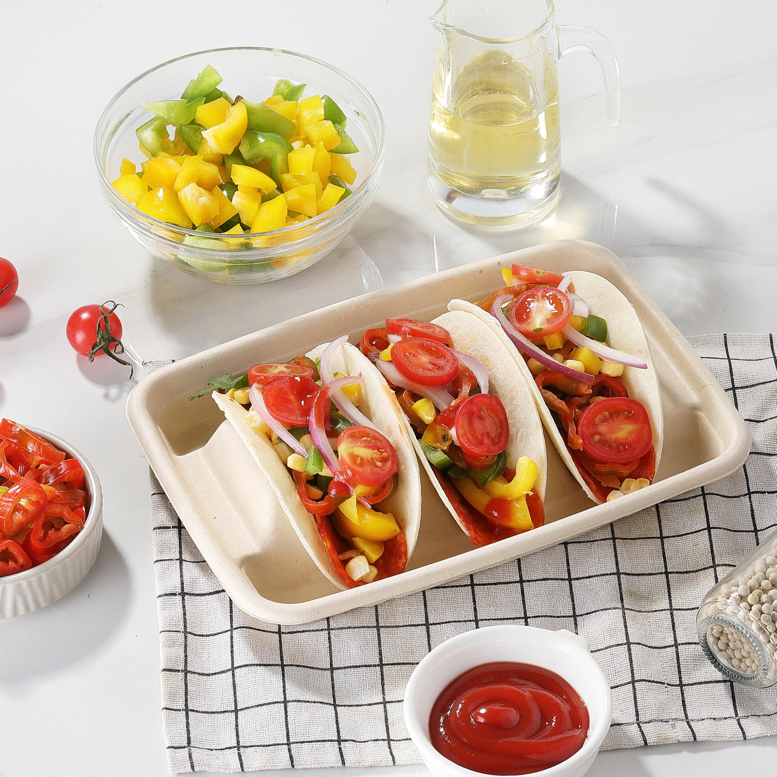 20 PCS Disposable Taco Holders, COKUMA Taco Bar Serving Set for a Party, Taco Plates with Dividers, Taco Plates Tray Stand for 3 Tacos, Taco Tuesday