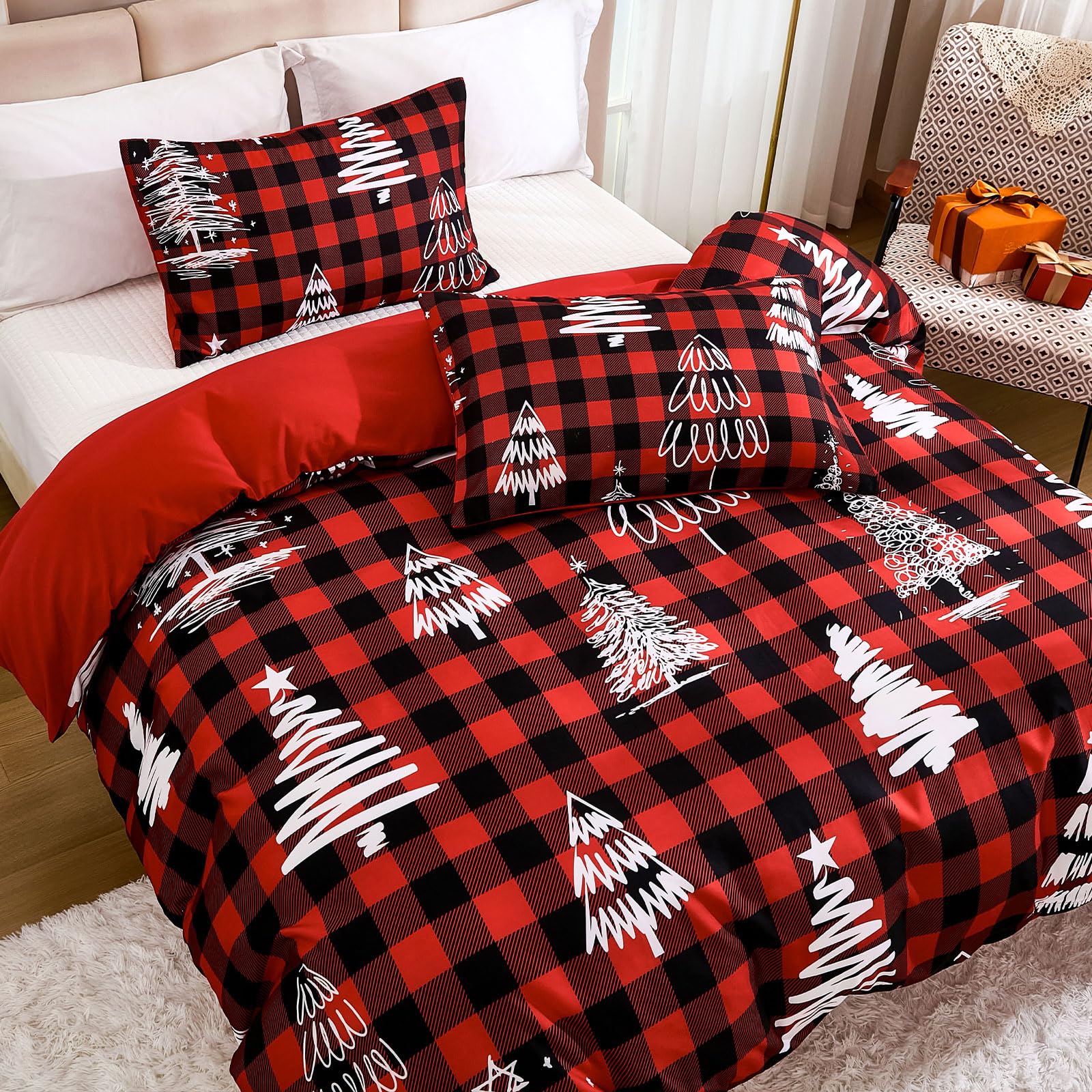 Dobuyly Christmas Duvet Cover Queen Size, Red Plaid Christmas Tree Printed Duvet Cover Set, Soft Microfiber Buffalo Check Christmas Bedding Set 3 Piece