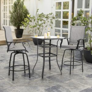 NUU GARDEN 3 Piece Outdoor Patio Bar Set, Patio Bar Furniture Set, Outdoor Tempered Glass Square Bar Table and Textilene Swivel High Backrest Bar Stools for Patio, Garden, Backyard, Gray and Black