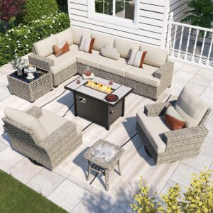 xizzi 10 pieces patio furniture set with fire pit table - all weather wicker outdoor patio sectional furniture sofa set with swivel rocking chairs,luxury modern modular patio conversation set,beige