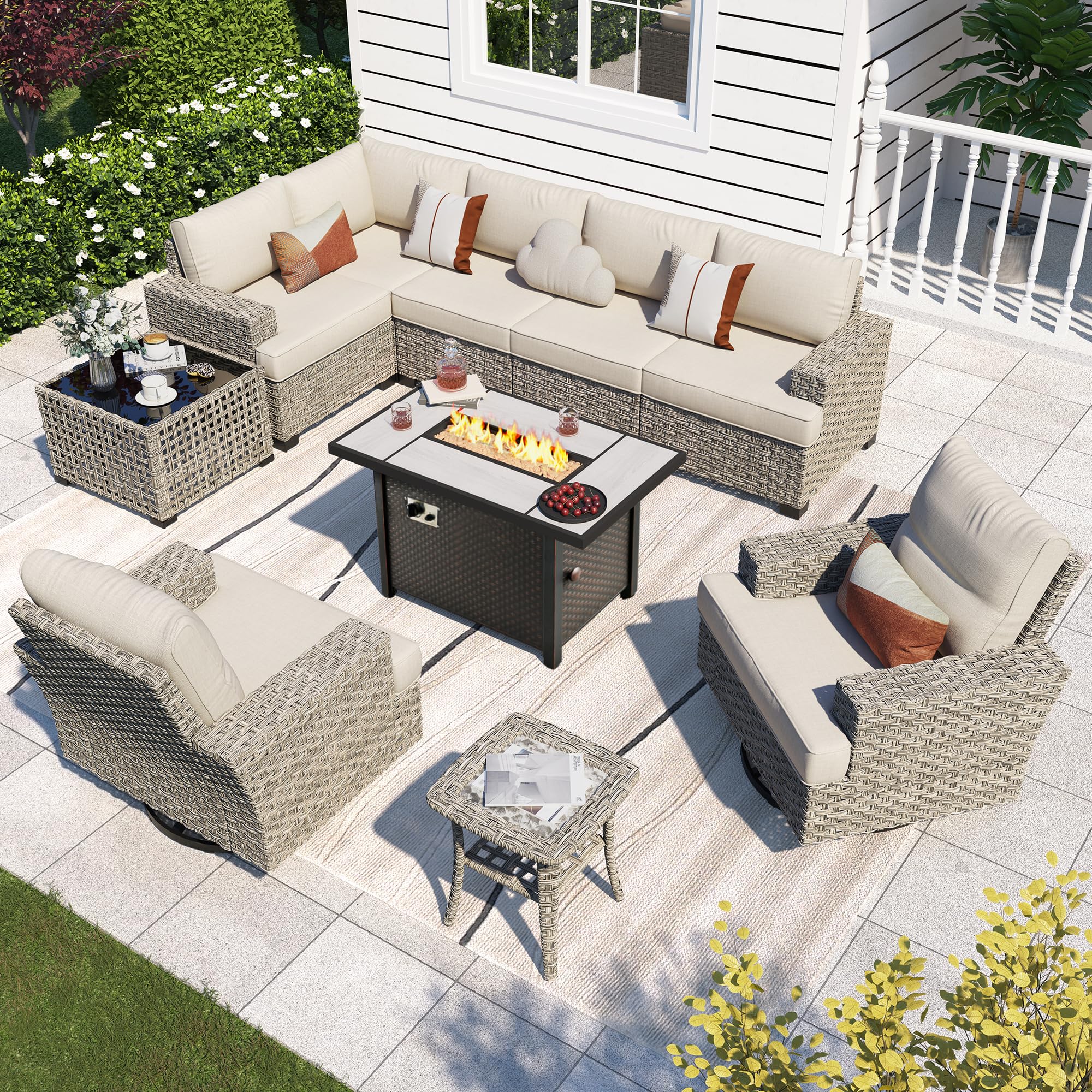 XIZZI 10 Pieces Patio Furniture Set with Fire Pit Table - All Weather Wicker Outdoor Patio Sectional Furniture Sofa Set with Swivel Rocking Chairs,Luxury Modern Modular Patio Conversation Set,Beige