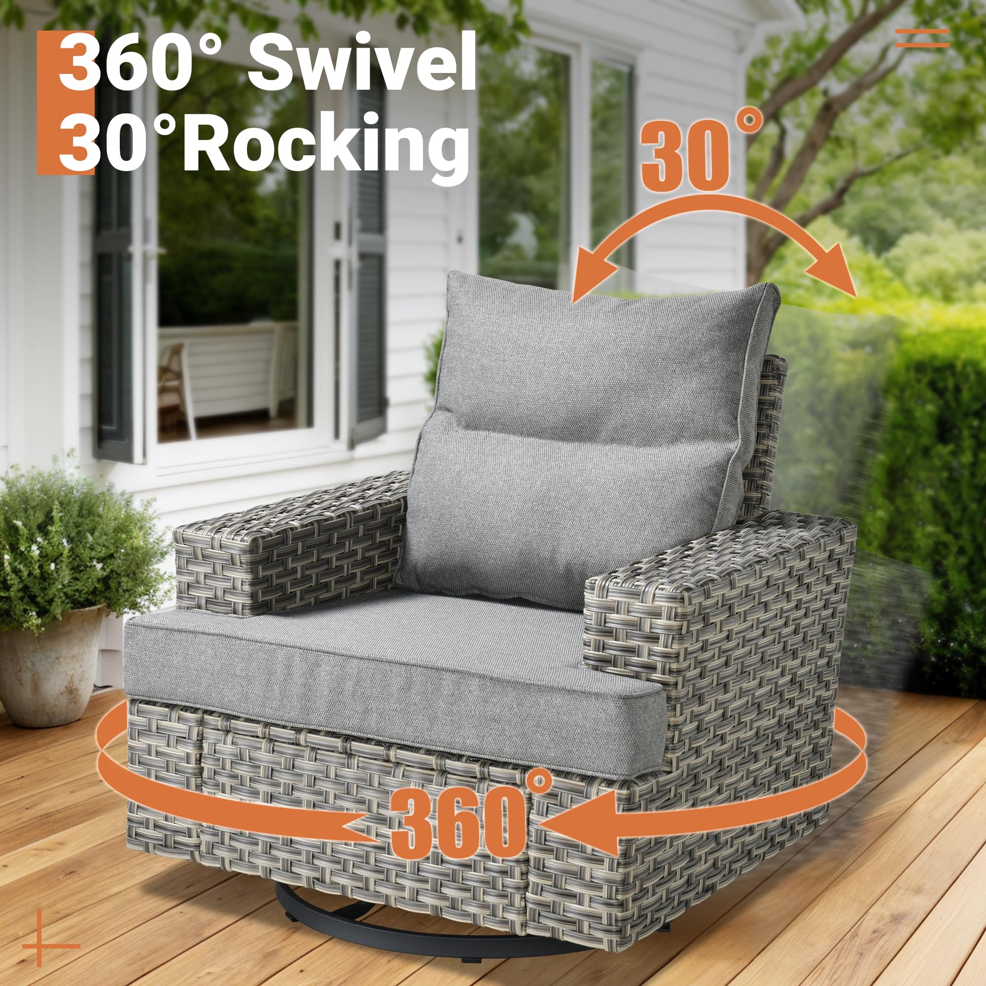 10 Pieces Patio Furniture Set with Fire Pit Table - All Weather Wicker Outdoor Patio Sectional Furniture Sofa Set with Swivel Rocking chairs,Luxury Modern Modular Patio Conversation Set,Dark Grey