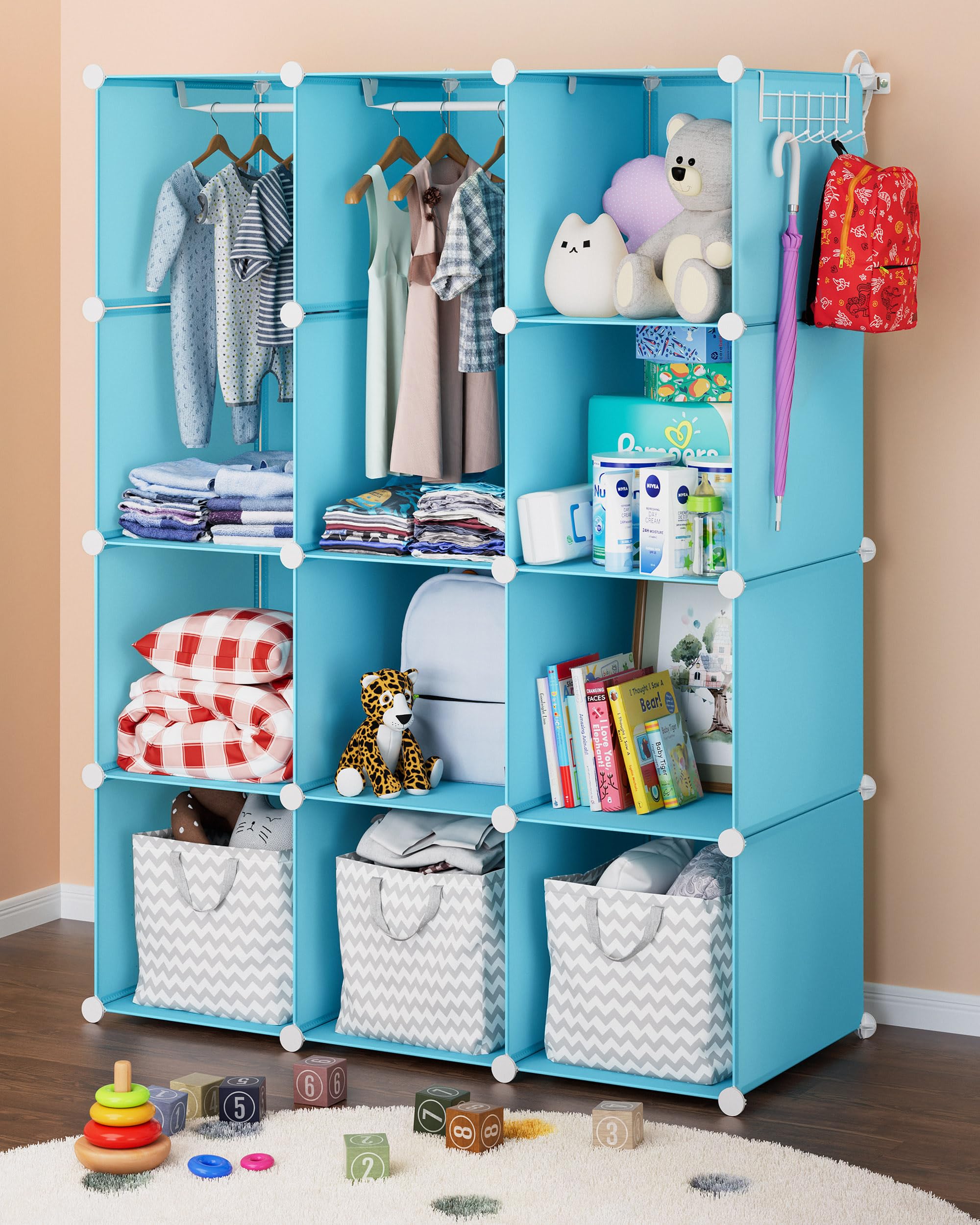 CUBEDIY Baby Closet Organizer for Nursery: Durable Baby Wardrobe for Closet - Customizable Baby Armoire - Baby Dresser Closet Shelves - Waterproof Shelf Clothes Organizer w/Wall Fixation (Blue)