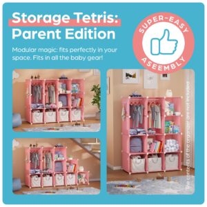 CUBEDIY Baby Closet Organizer for Nursery: Durable Baby Wardrobe for Closet - Customizable Baby Armoire - Baby Dresser Closet Shelves - Waterproof Shelf Clothes Organizer w/Wall Fixation (Pink)