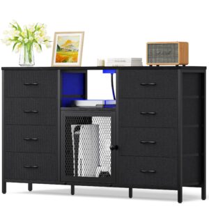 decofy dresser for bedroom with led lights and power outlets, 8 drawers tv stand dresser for 65 inch tv, fabric chest of drawers with open shelves, black dressers for bedroom, closet