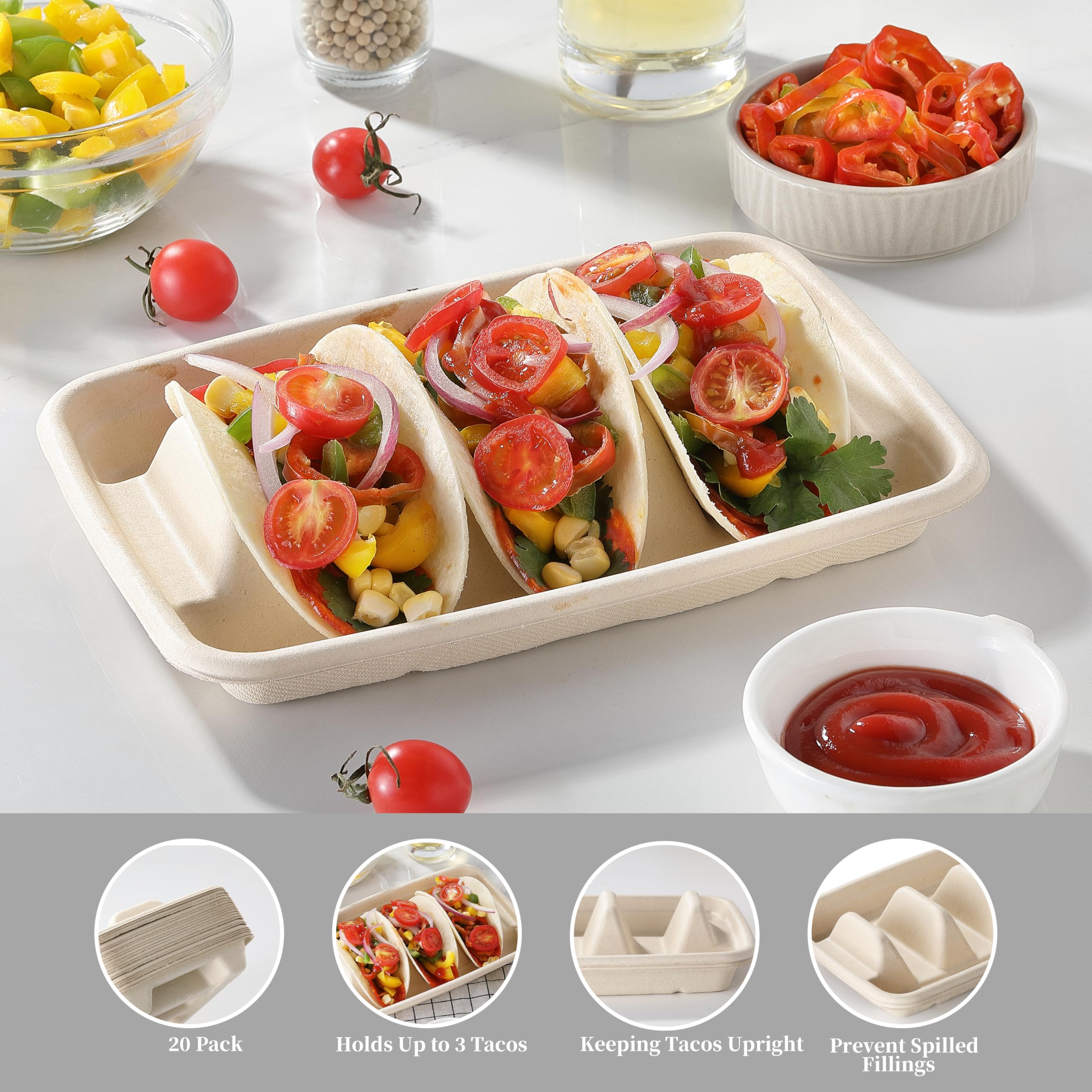 20 PCS Disposable Taco Holders, COKUMA Taco Bar Serving Set for a Party, Taco Plates with Dividers, Taco Plates Tray Stand for 3 Tacos, Taco Tuesday