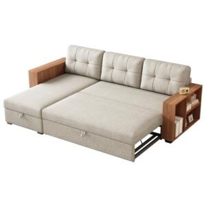 tufted upholstered reversible sectional sofa couch with pull out bed, 3 seater l shaped convertible sleeper corner sofabed w/ left & right chaise lounge and storage shelves for living room,office