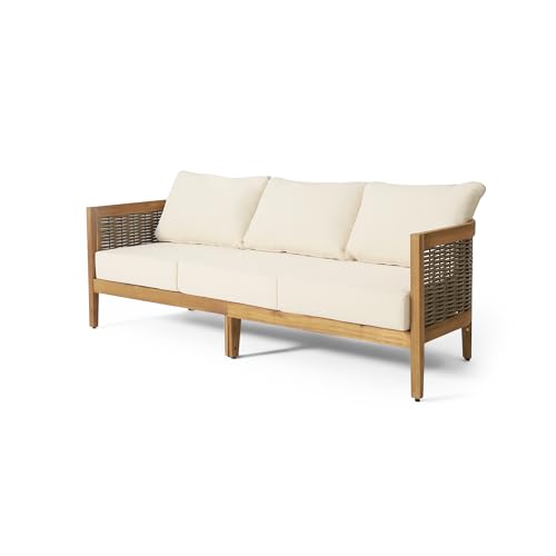 Merax Outdoor Acacia Wood Wicker 3 Seater Sofa, Patio Furniture Conversation Set for Backyard