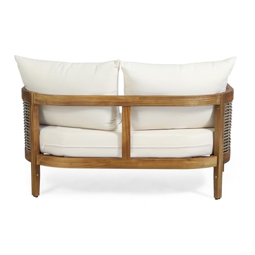 Merax Outdoor Acacia Wood Wicker Conversation Set 2 Seater with Loveseat and Coffetable for Backyard