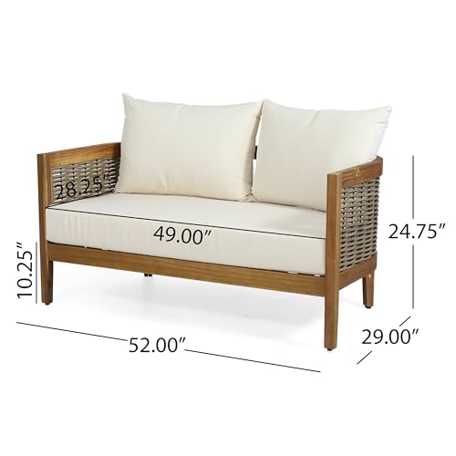 Merax Outdoor Acacia Wood Wicker Conversation Set 2 Seater with Loveseat and Coffetable for Backyard