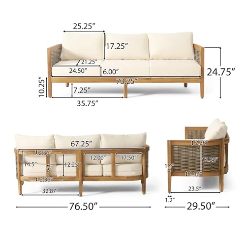 Merax Outdoor Acacia Wood Wicker 3 Seater Sofa, Patio Furniture Conversation Set for Backyard