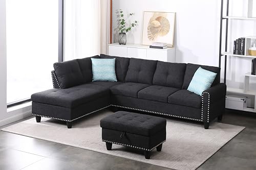 AYOUZ 98" L-Shape Linen Convertible Sectional Sofa Set with Left Facing Chaise & Ottoman, Modern Living Room Furniture-Set w/Storage for Home, Office, Apartment