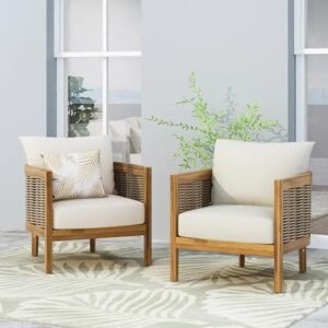 merax set set of 2 outdoor acacia wood wicker club chair with cushion,patio furniture conversation seat for backyard, beige