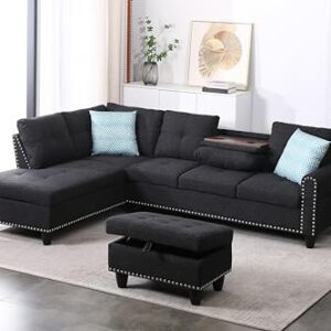 AYOUZ 98" L-Shape Linen Convertible Sectional Sofa Set with Left Facing Chaise & Ottoman, Modern Living Room Furniture-Set w/Storage for Home, Office, Apartment