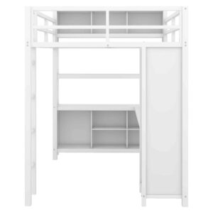 ATY Full Size Loft Bed with Storage Cabinets and Shelves, Sturdy Metal Bedframe w/Wardrobe & Built-in Desk, Save Space Design, for Kids Bedroom, Dorm, White