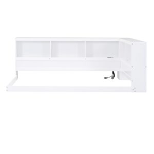 Merax Wood Twin Size Daybed with Storage Cabinets and USB Ports,L-Shaped Bookcases,White