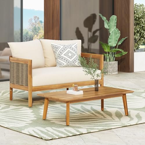 Merax Outdoor Acacia Wood Wicker Conversation Set 2 Seater with Loveseat and Coffetable for Backyard