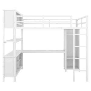 ATY Full Size Loft Bed with Storage Cabinets and Shelves, Sturdy Metal Bedframe w/Wardrobe & Built-in Desk, Save Space Design, for Kids Bedroom, Dorm, White