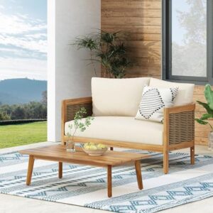 merax outdoor acacia wood wicker conversation set 2 seater with loveseat and coffetable for backyard