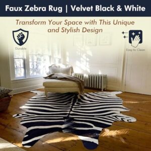 Tumbleweed Velvet Black, Ivory & Beige Synthetic Zebra Rug - Luxurious Zebra Print Rug Available in Multiple Sizes for Versatile Decor - Large 6' x 8'