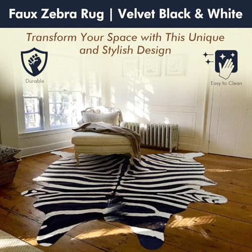 Tumbleweed Velvet Black, Ivory & Beige Synthetic Zebra Rug - Luxurious Zebra Print Rug Available in Multiple Sizes for Versatile Decor - Large 6' x 8'