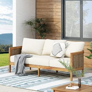 merax outdoor acacia wood wicker 3 seater sofa, patio furniture conversation set for backyard