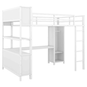 ATY Full Size Loft Bed with Storage Cabinets and Shelves, Sturdy Metal Bedframe w/Wardrobe & Built-in Desk, Save Space Design, for Kids Bedroom, Dorm, White