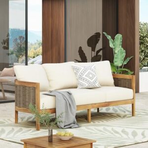 Merax Outdoor Acacia Wood Wicker 3 Seater Sofa, Patio Furniture Conversation Set for Backyard