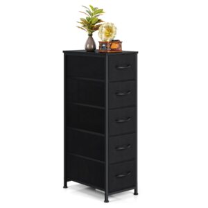 ebeneze narrow dresser with 5 drawers, storage cabinet, slim fabric tower with wheels, wood shelf, bedroom organizer skinny chest for small spaces, bathroom, living room, laundry, closet, black