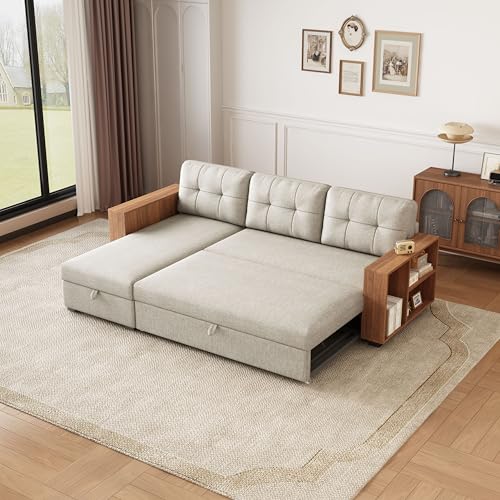 Tufted Upholstered Reversible Sectional Sofa Couch with Pull Out Bed, 3 Seater L Shaped Convertible Sleeper Corner Sofabed W/ Left & Right Chaise Lounge and Storage Shelves for Living Room,Office