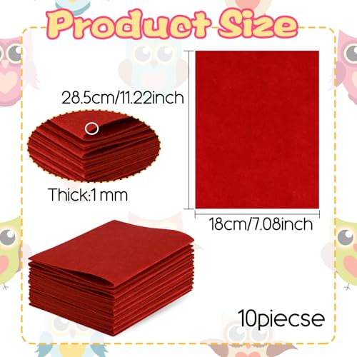 10 Pcs Red Felt Sheets 7"x11.2" Felt Fabric for Crafts Squares Felt Fabric Sheets Thick Red Fabric Non-Woven Felt Fabric for Halloween Christmas DIY Patchwork Sewing Craft Decorative Projects